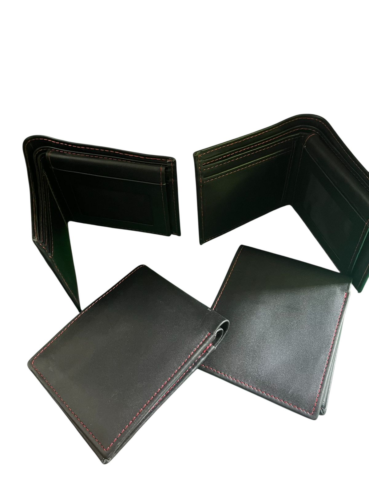 Sleek black leather wallet with red stitching