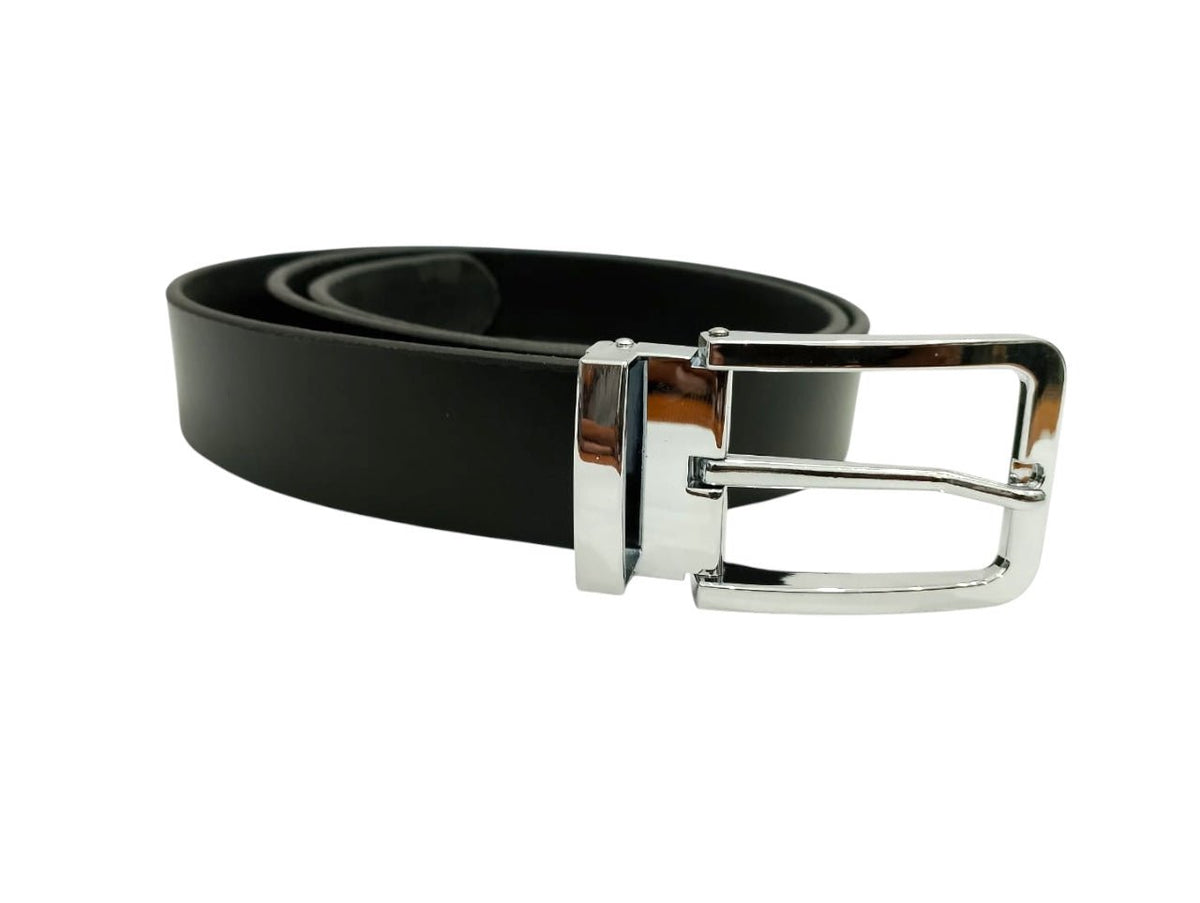 Sleek Black Leather Belt - Polished Steel Buckle, Premium Quality - Style Lounge