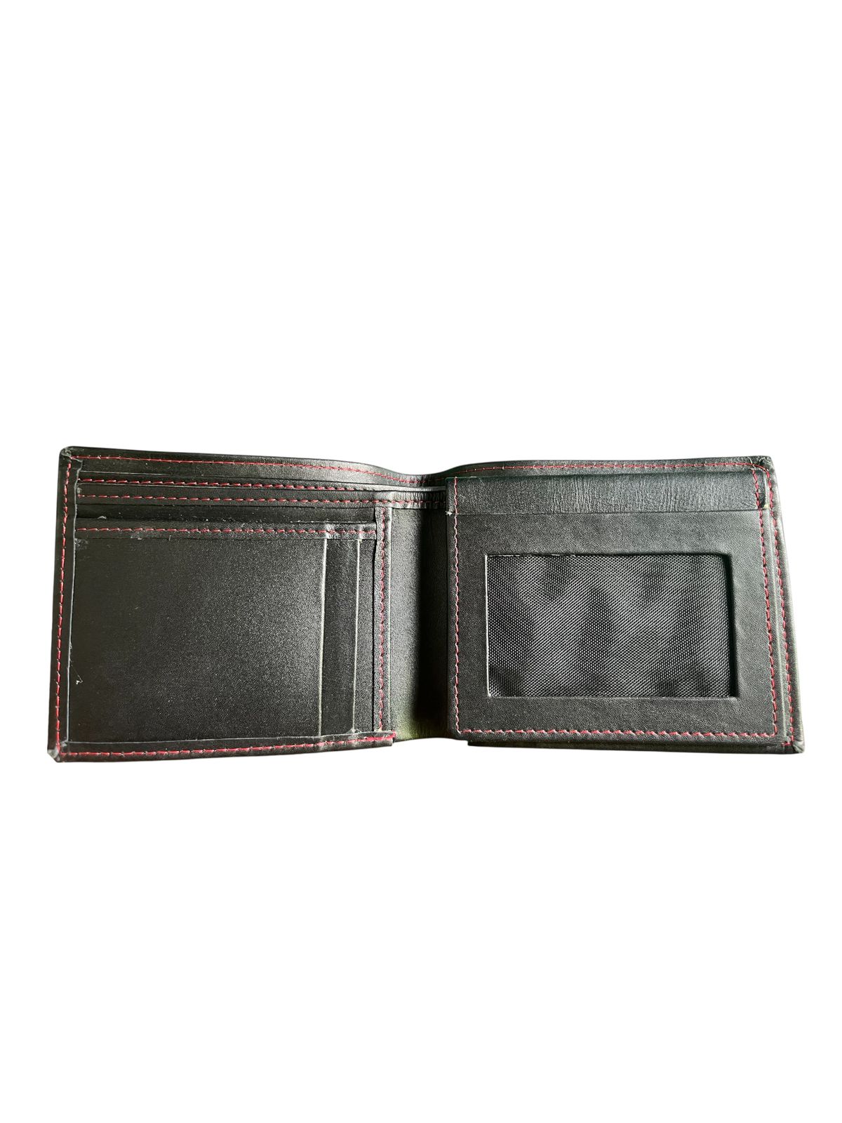 Sleek black leather wallet with red stitching