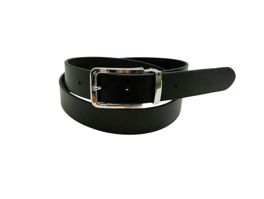 Sleek Black Leather Belt - Polished Steel Buckle, Premium Quality