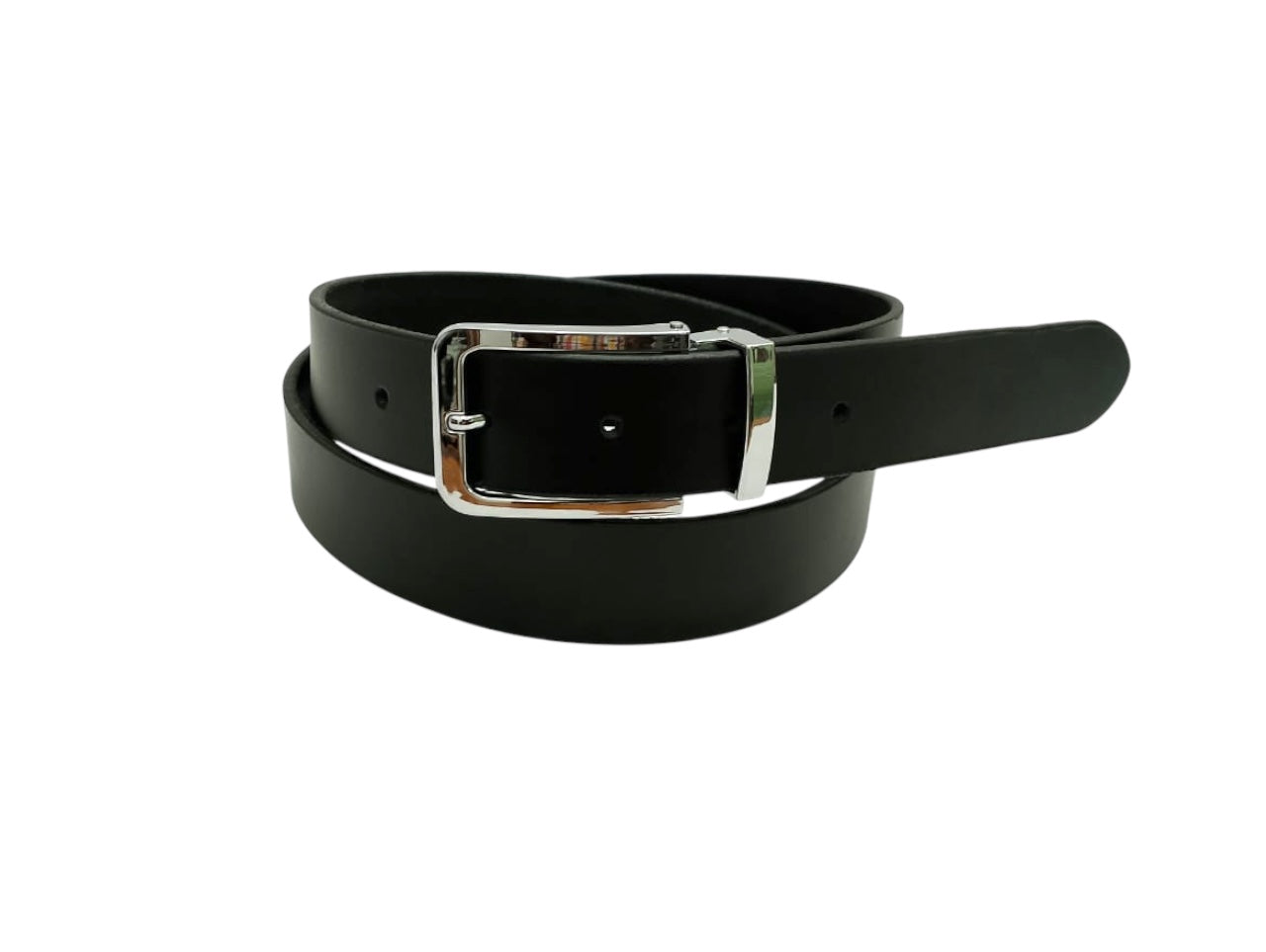 Sleek Black Leather Belt - Polished Steel Buckle, Premium Quality