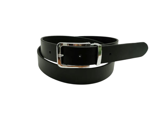 Sleek Black Leather Belt - Polished Steel Buckle, Premium Quality