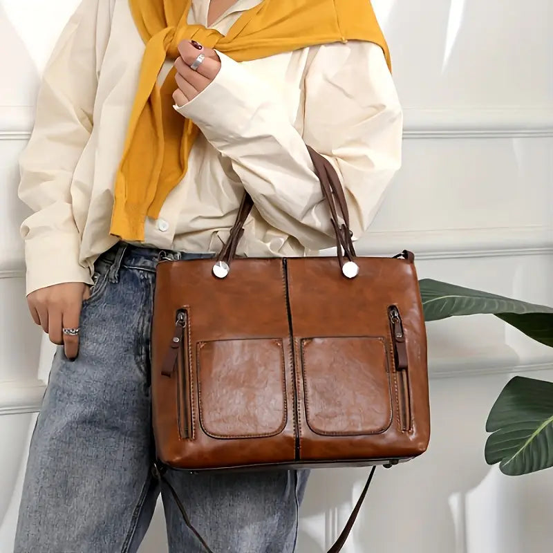 Premium Multi-Pocket Leather Tote Bag