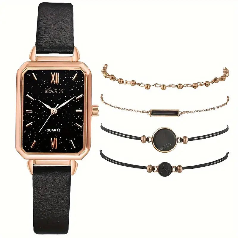 5pcs Stellar Black Elegance Watch & Bracelet Set