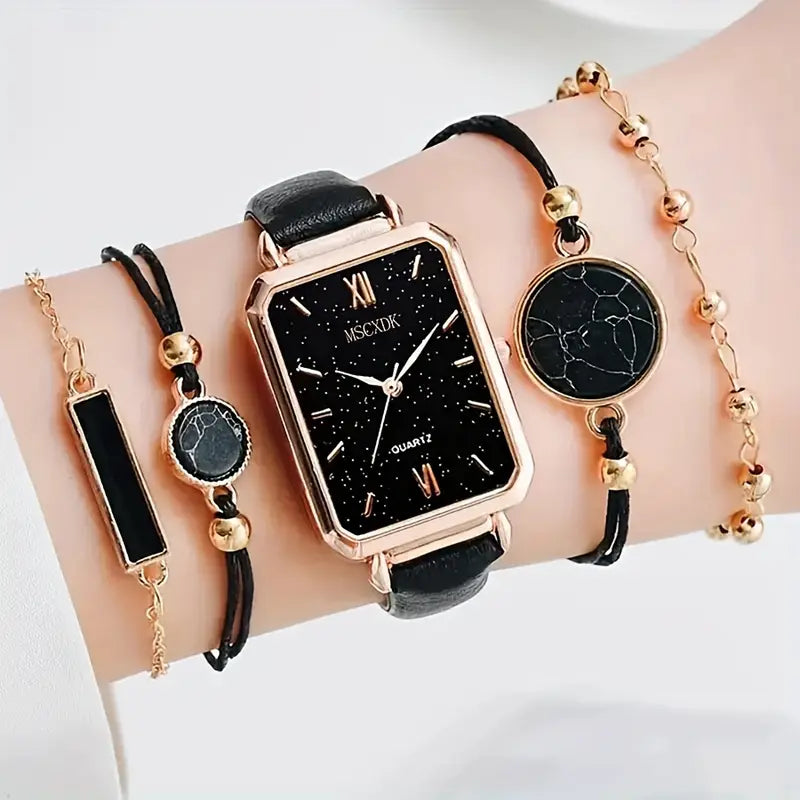 5pcs Stellar Black Elegance Watch & Bracelet Set