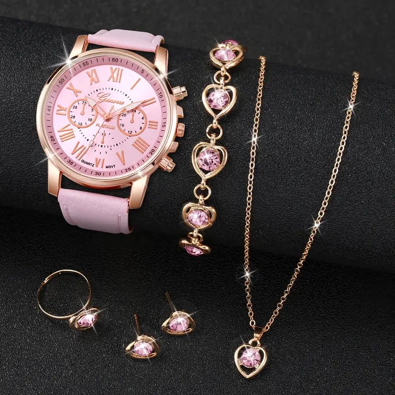 6pcs Pink Elegance Watch and Jewelry Set - Style Lounge